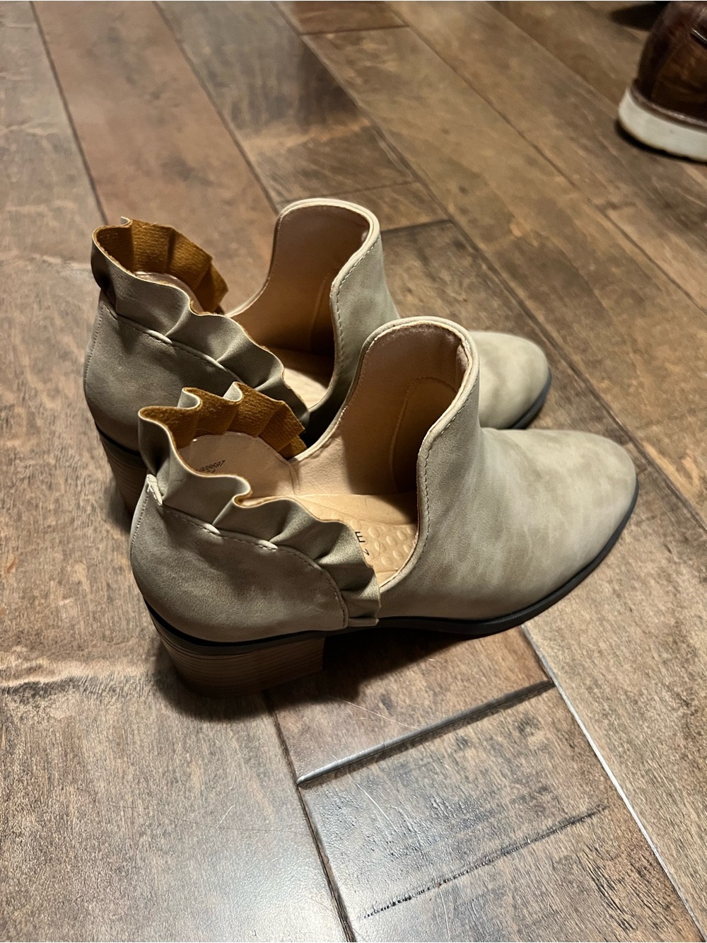 Journee Collection Ruffle-Trim Ankle Boots in Light Taupe